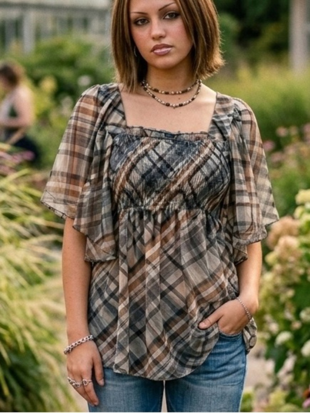 Reitmans Brown and Cream Plaid Flutter-Sleeve Blouse Y2K Medium